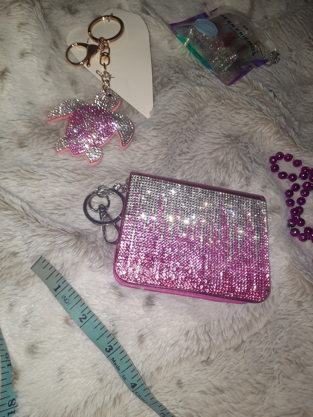 Pink Rhinestone LOT 7PC ID Coin Purse Turtle Keychain Fob Lipsticks Pouch Beads - Picture 3 of 9